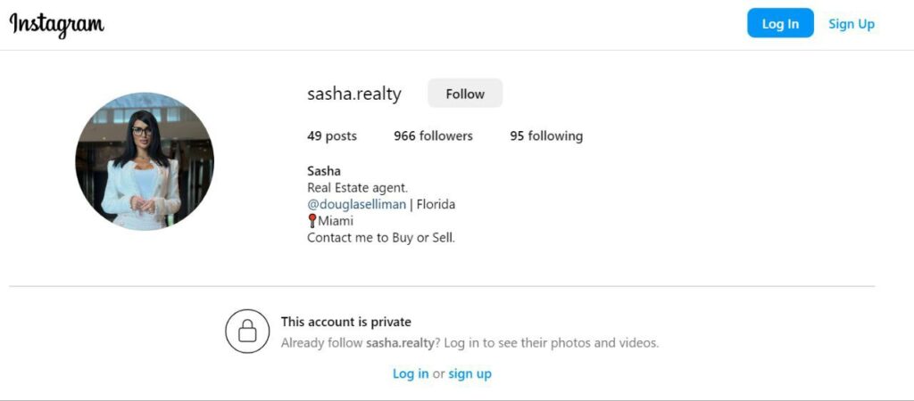 Savytska's Instagram real estate account with the Douglas Elliman agency's tag