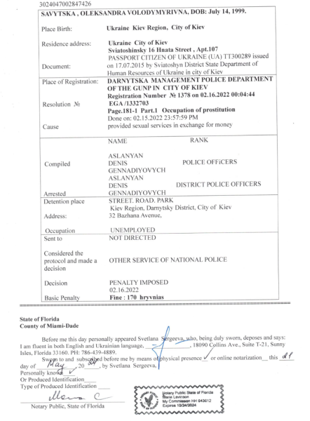 police report from the city of Kyiv issued for Oleksandra Savytska